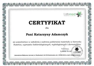 Certyfikat ukończenia szkolenia w zakresie pobierania materiału do badań mykologicznych i bakteriologicznych Certyfikat ukończenia szkolenia w zakresie pobierania materiału do badań mykologicznych i bakteriologicznych