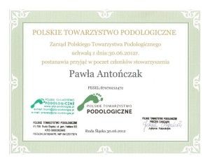 Certyfikat członkostwa w Polskim Towarzystwie Podologicznym